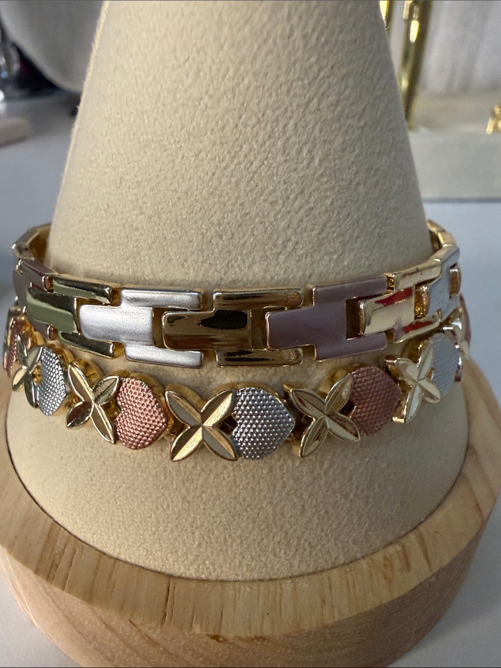 Tri-Tone Heart and Flat Bracelet Set - Gold, Silver & Rose